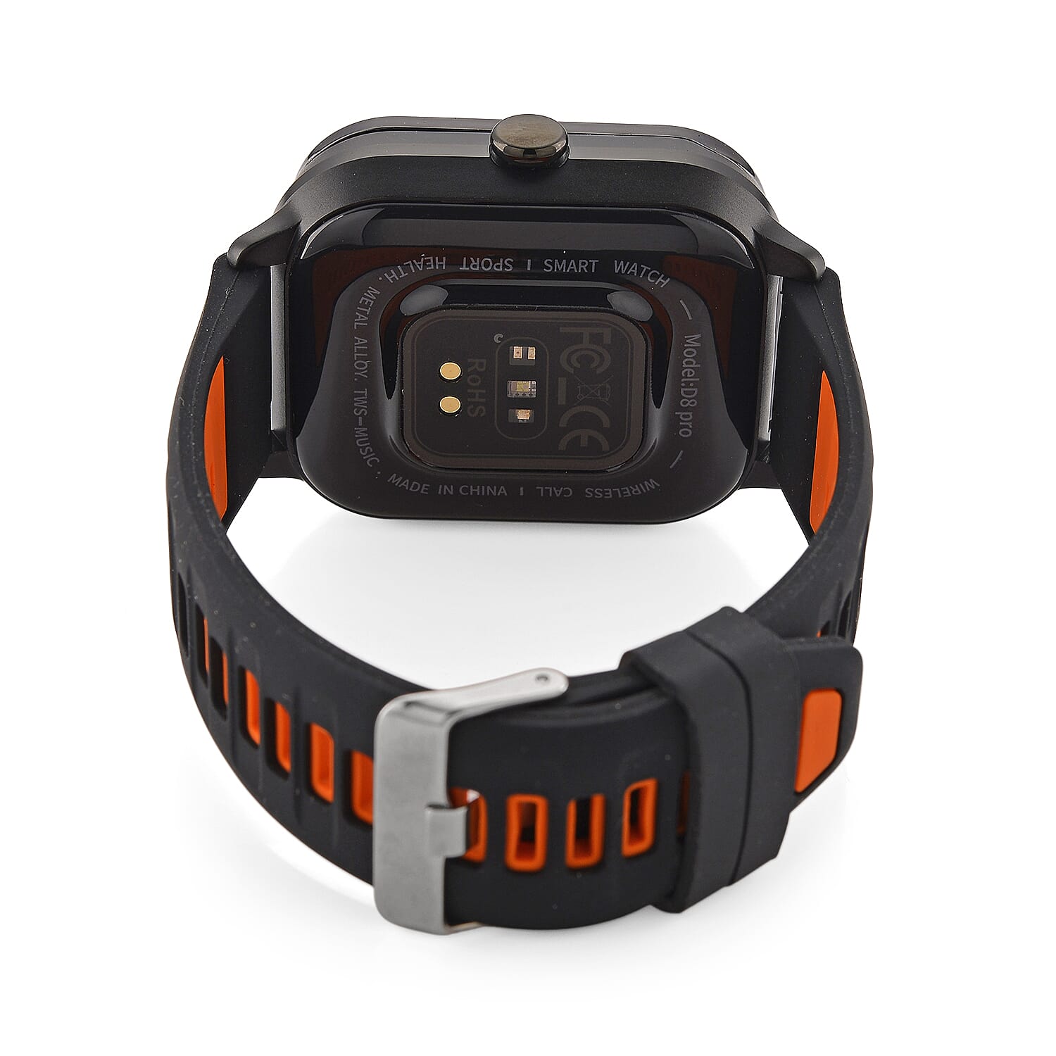 D8_PRO Smart Watch with Black and Orange Silicone Strap and Earbuds