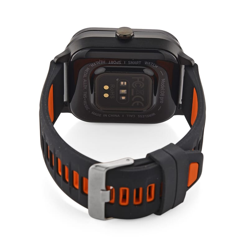 D8_PRO Smart Watch with Black and Orange Silicone Strap and Earbuds