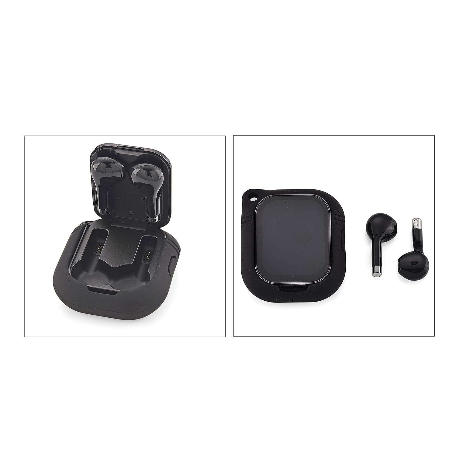 D8_PRO Smart Watch with Black and Orange Silicone Strap and Earbuds