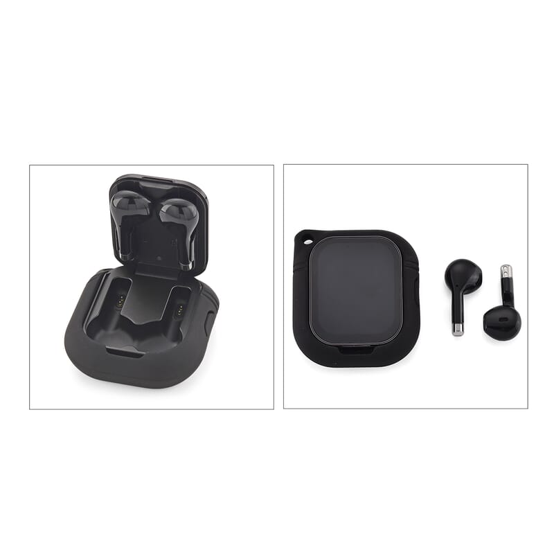 D8_PRO Smart Watch with Black and Orange Silicone Strap and Earbuds