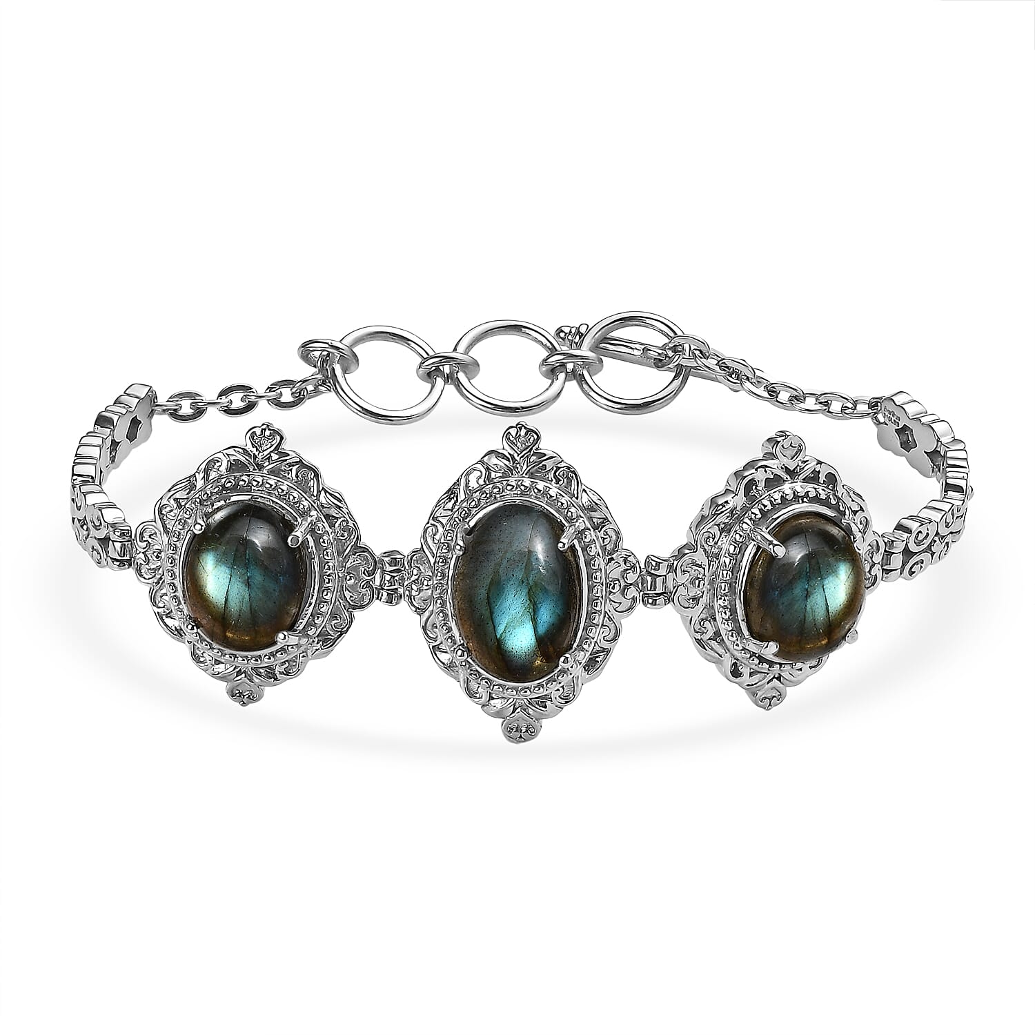 EverTrue Malagasy Labradorite 18.30 ctw Motif Linked Bracelet in Stainless Steel (7.00 In)
