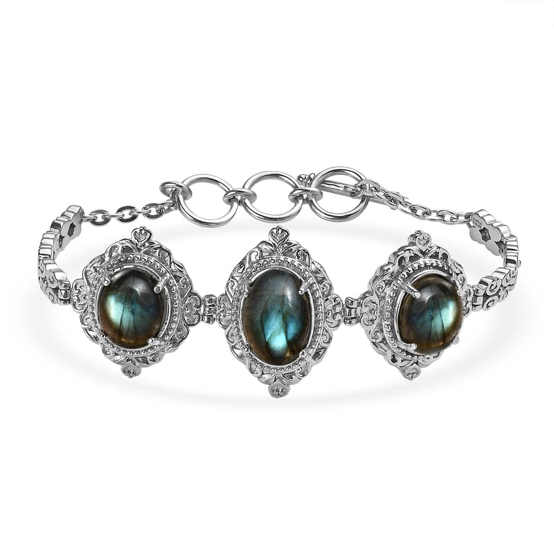 EverTrue Malagasy Labradorite 18.30 ctw Motif Linked Bracelet in Stainless Steel (7.00 In)