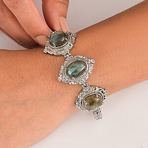 EverTrue Malagasy Labradorite 18.30 ctw Motif Linked Bracelet in Stainless Steel (7.00 In)