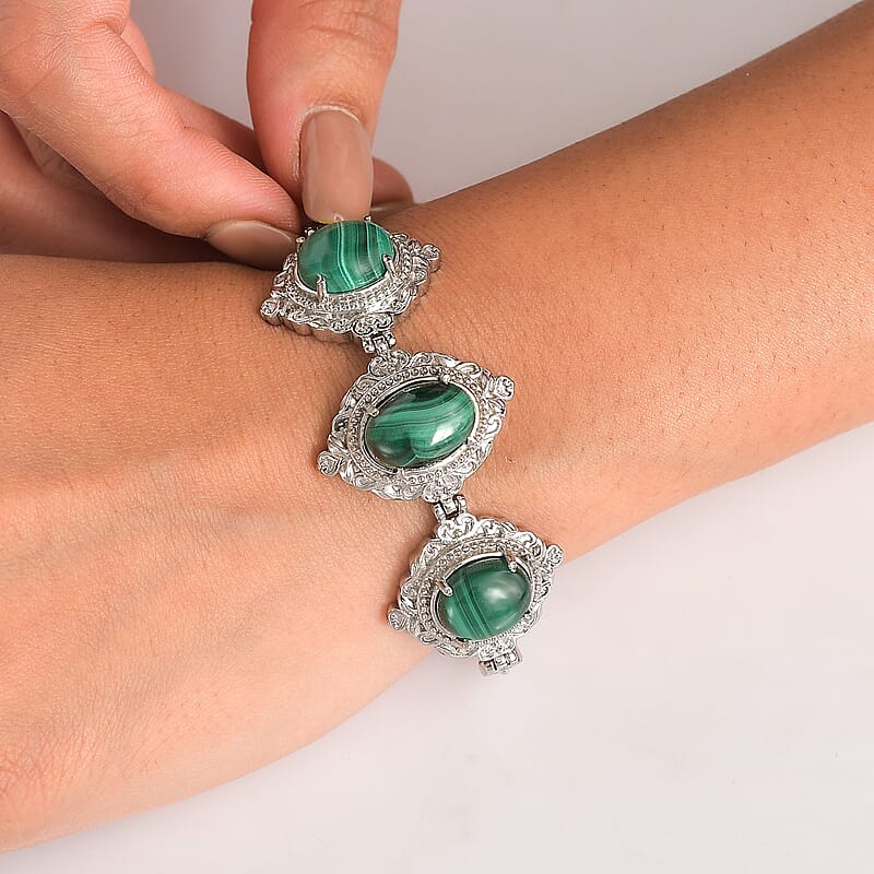 EverTrue African Malachite 29.35 ctw Bracelet in Stainless Steel (7.00 In)