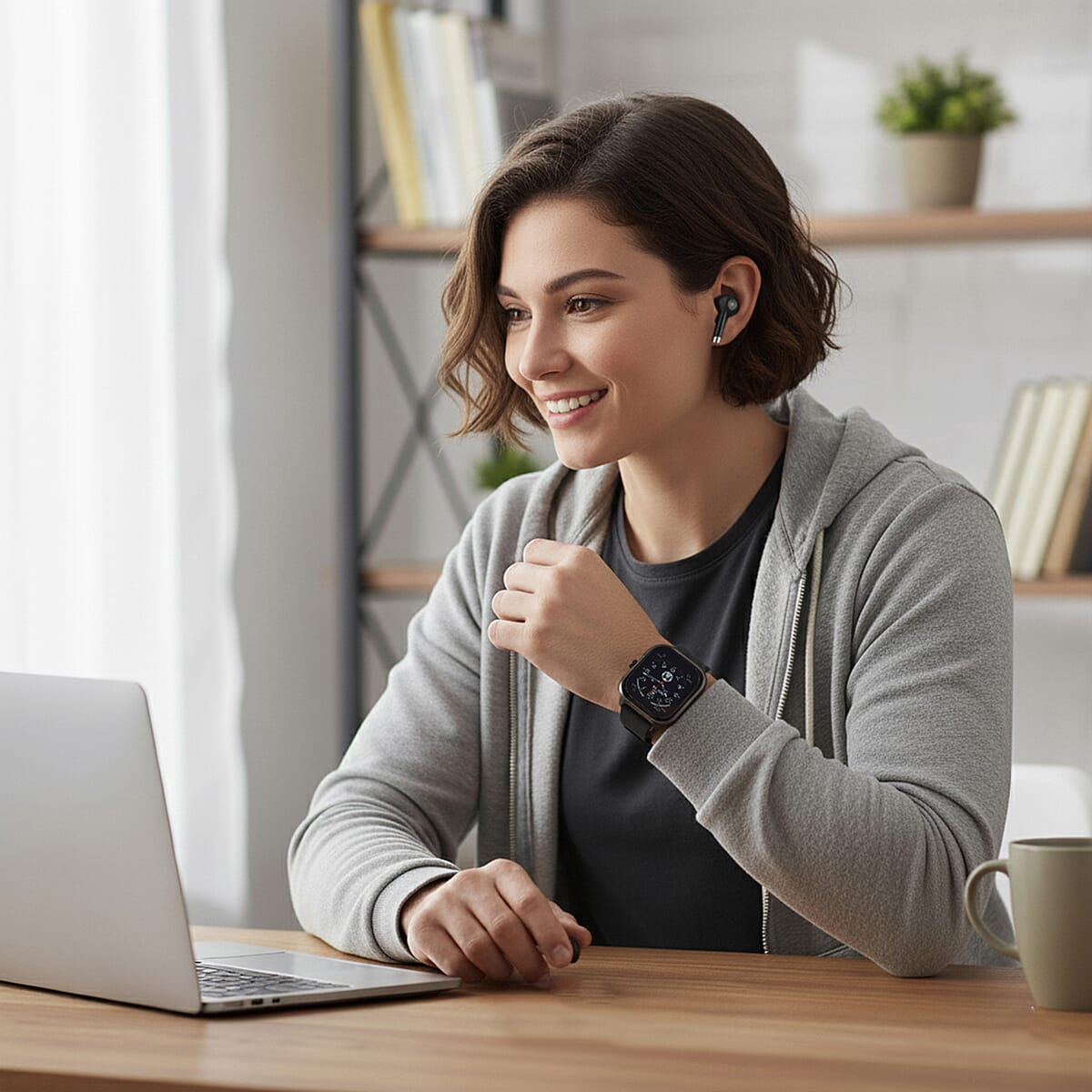 D8_PRO Smart Watch with Black and Gray Silicone Strap and Earbuds image number 1