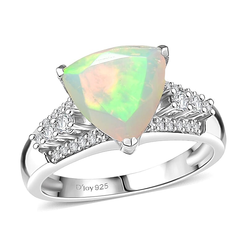 D'Joy AAA Ethiopian Welo Opal and Moissanite 2.10 ctw Glacial Fire Ring in Rhodium Over Sterling Silver (Size 10.0)