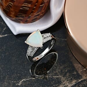 D'Joy AAA Ethiopian Welo Opal and Moissanite 2.10 ctw Glacial Fire Ring in Rhodium Over Sterling Silver (Size 7.0)