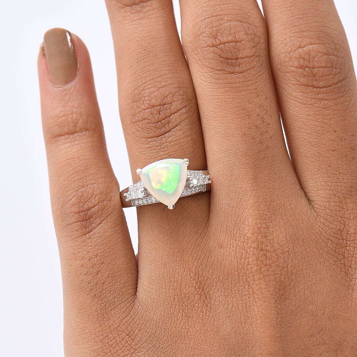 D'Joy AAA Ethiopian Welo Opal and Moissanite 2.10 ctw Glacial Fire Ring in Rhodium Over Sterling Silver (Size 7.0) image number 2