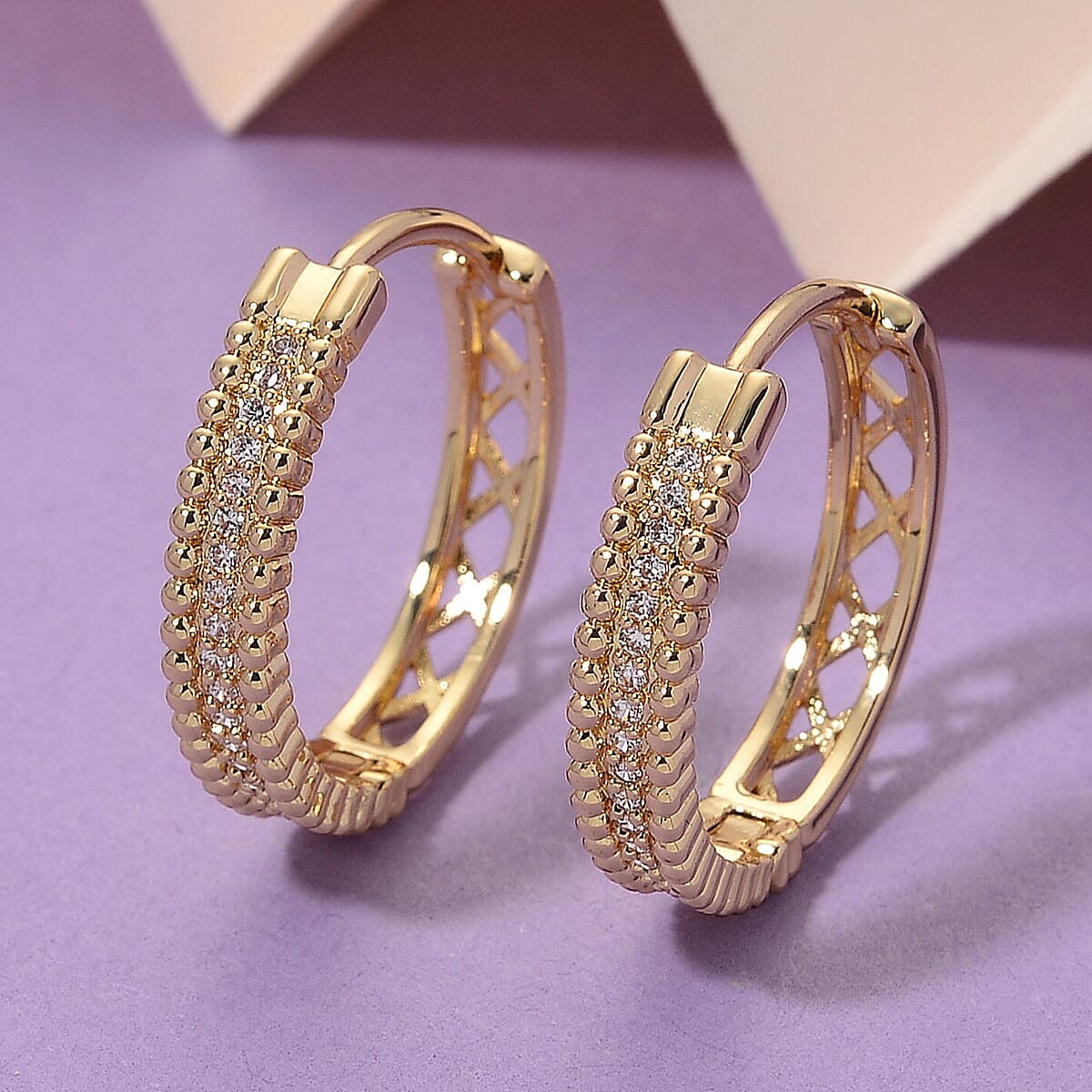 Simulated Diamond Hoop Earrings in Goldtone image number 1