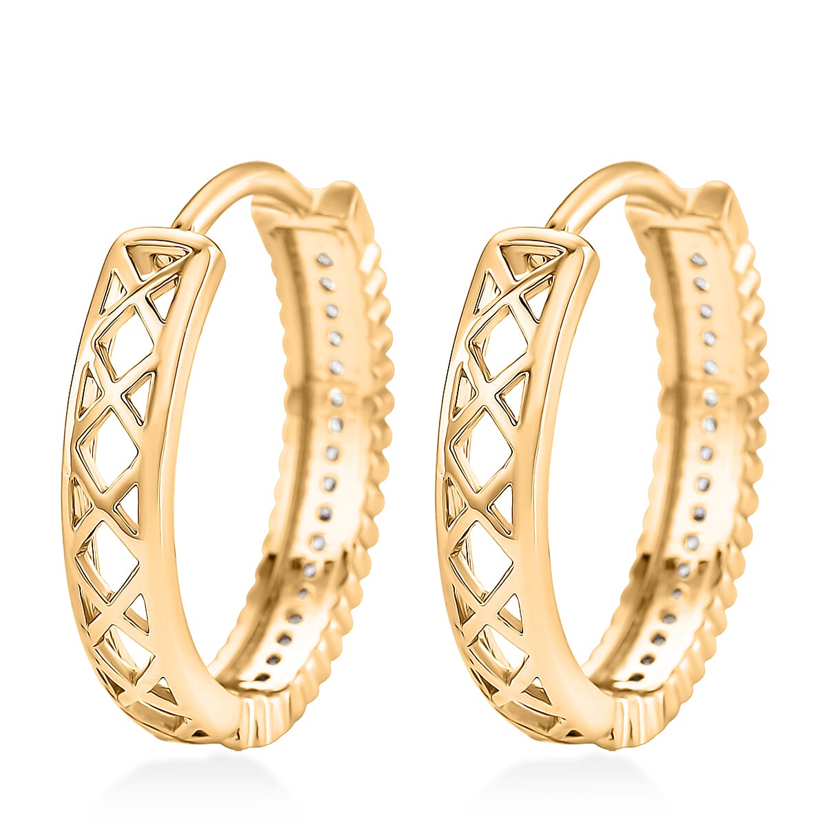 Simulated Diamond Hoop Earrings in Goldtone image number 4