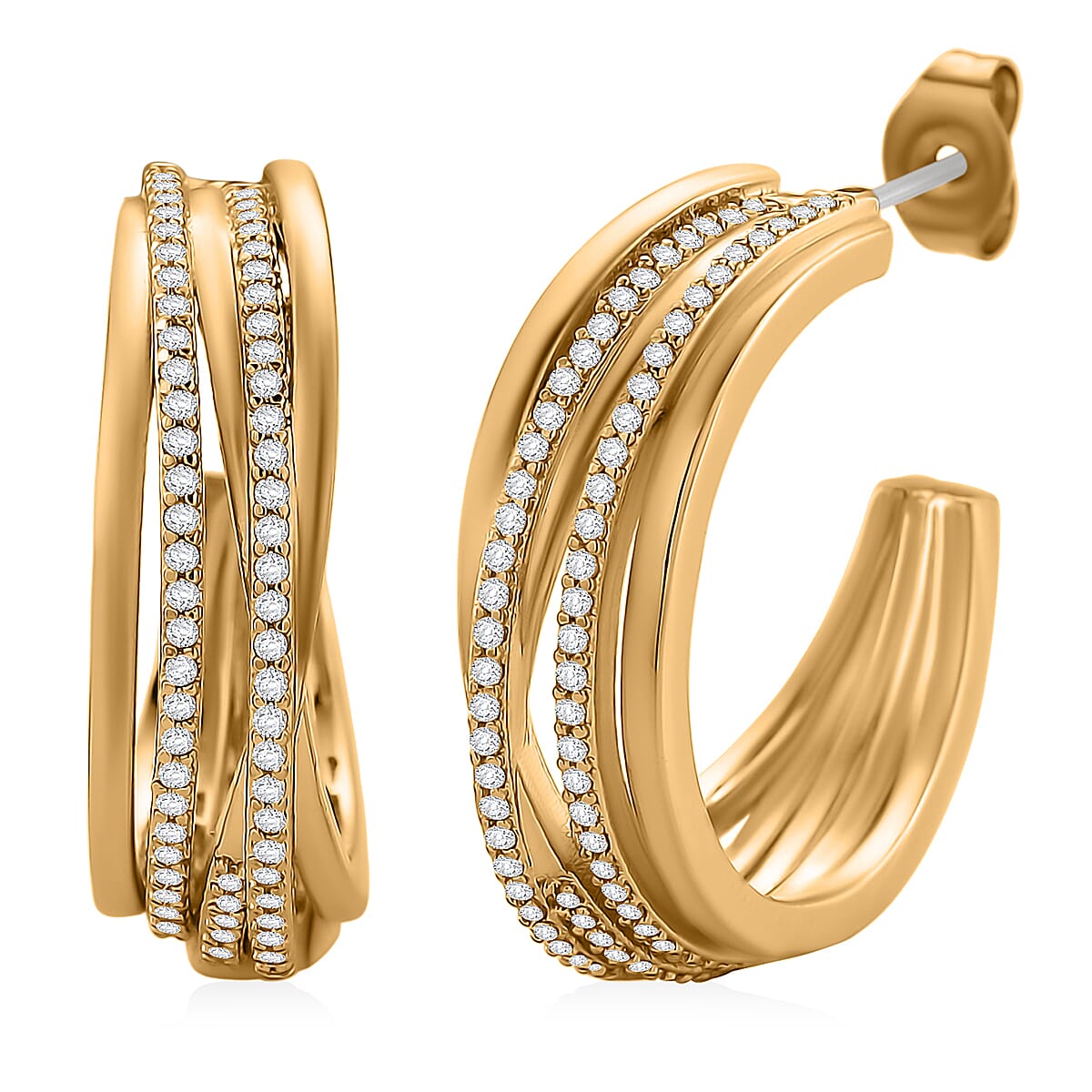 Simulated Diamond Hoop Earrings in Goldtone image number 0