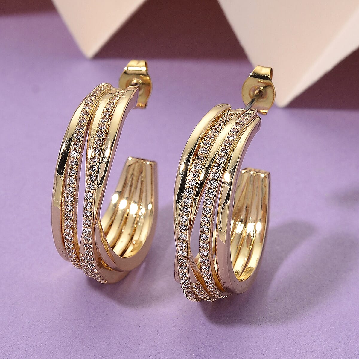 Simulated Diamond Hoop Earrings in Goldtone image number 1