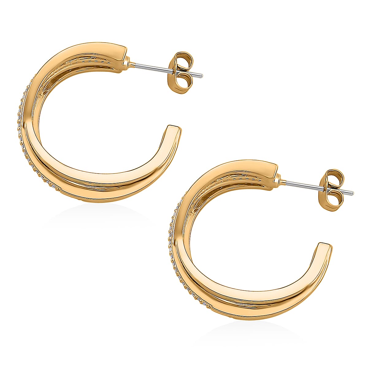 Simulated Diamond Hoop Earrings in Goldtone image number 3