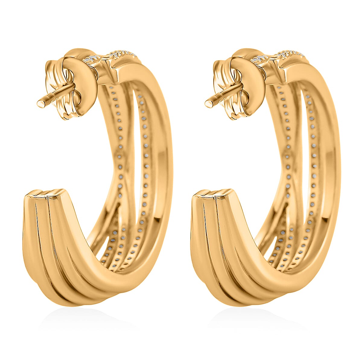 Simulated Diamond Hoop Earrings in Goldtone image number 4