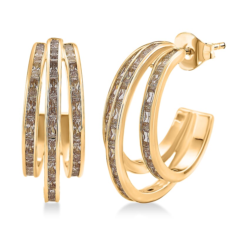 Simulated Diamond Three-Row Brilliance Hoop Earrings in Goldtone