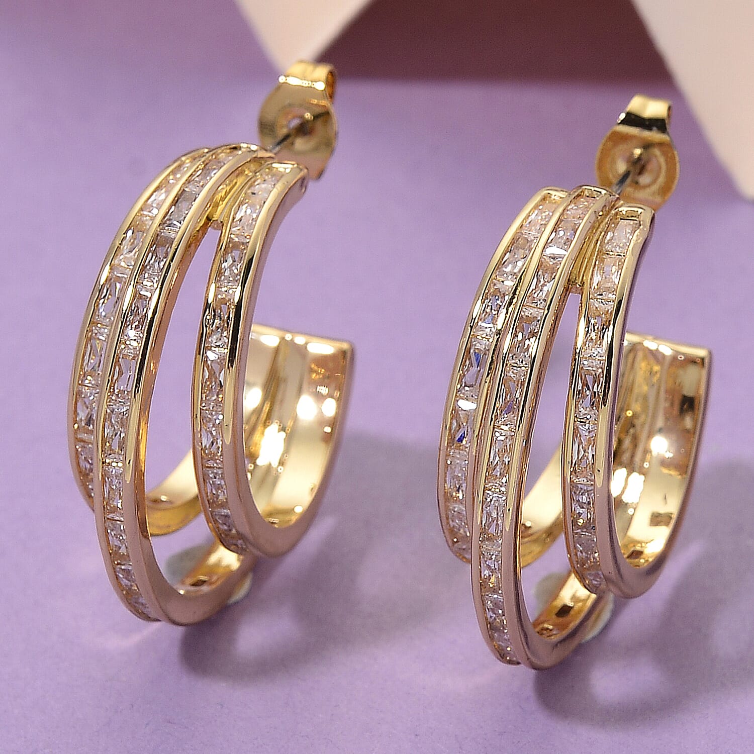 Simulated Diamond Three-Row Brilliance Hoop Earrings in Goldtone