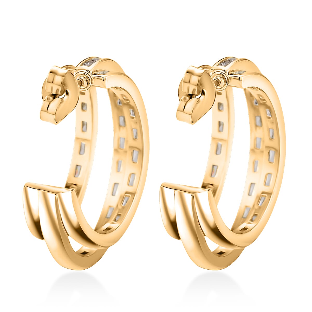 Simulated Diamond Three-Row Brilliance Hoop Earrings in Goldtone