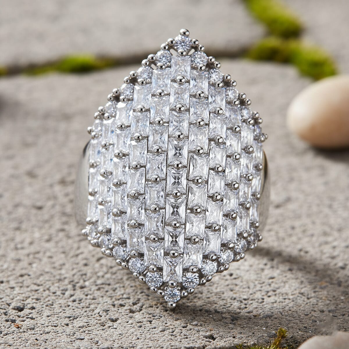 Simulated Diamond Statement Ring in Silvertone (Size 6.0) image number 1