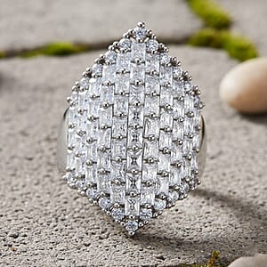 Simulated Diamond Statement Ring in Silvertone (Size 6.0)