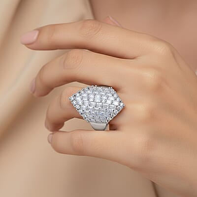 Simulated Diamond Statement Ring in Silvertone (Size 6.0)