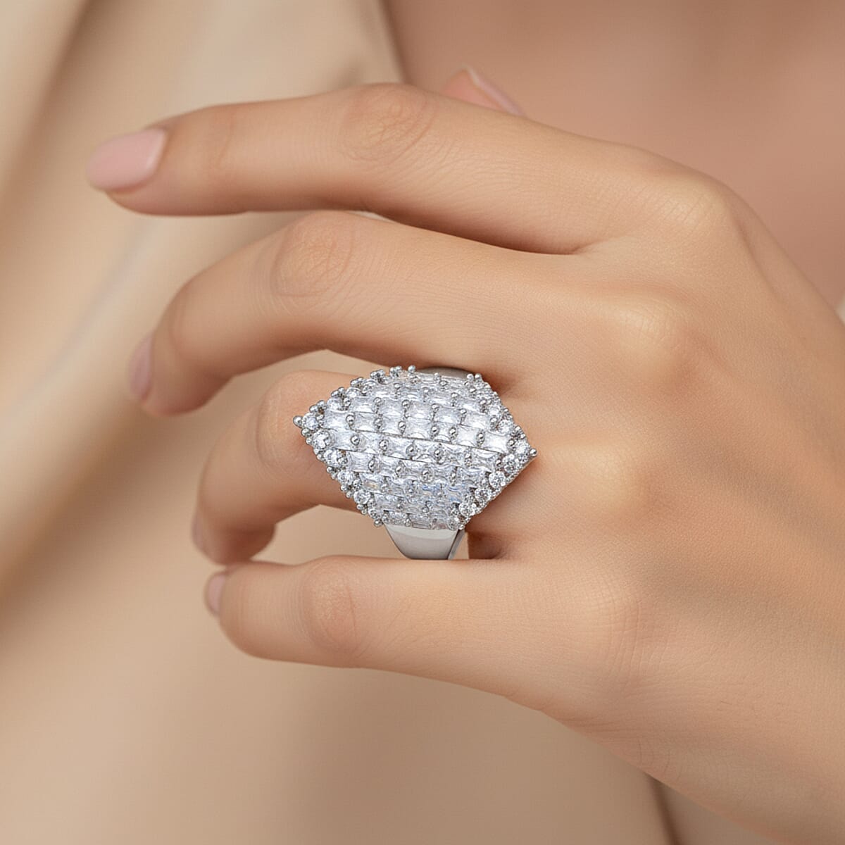 Simulated Diamond Statement Ring in Silvertone (Size 7.0) image number 2