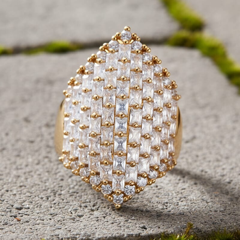 Simulated Diamond Statement Ring in Goldtone (Size 7.0)