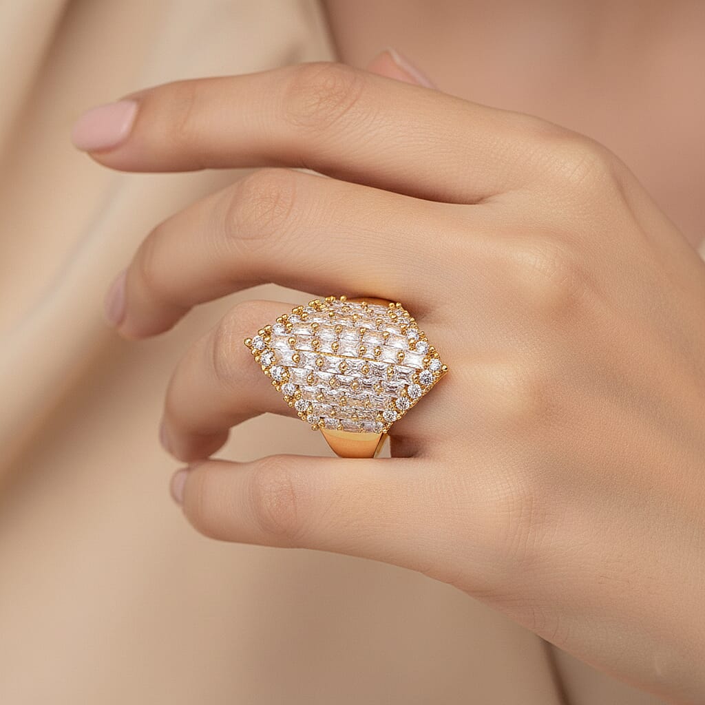 Simulated Diamond Statement Ring in Goldtone (Size 7.0)