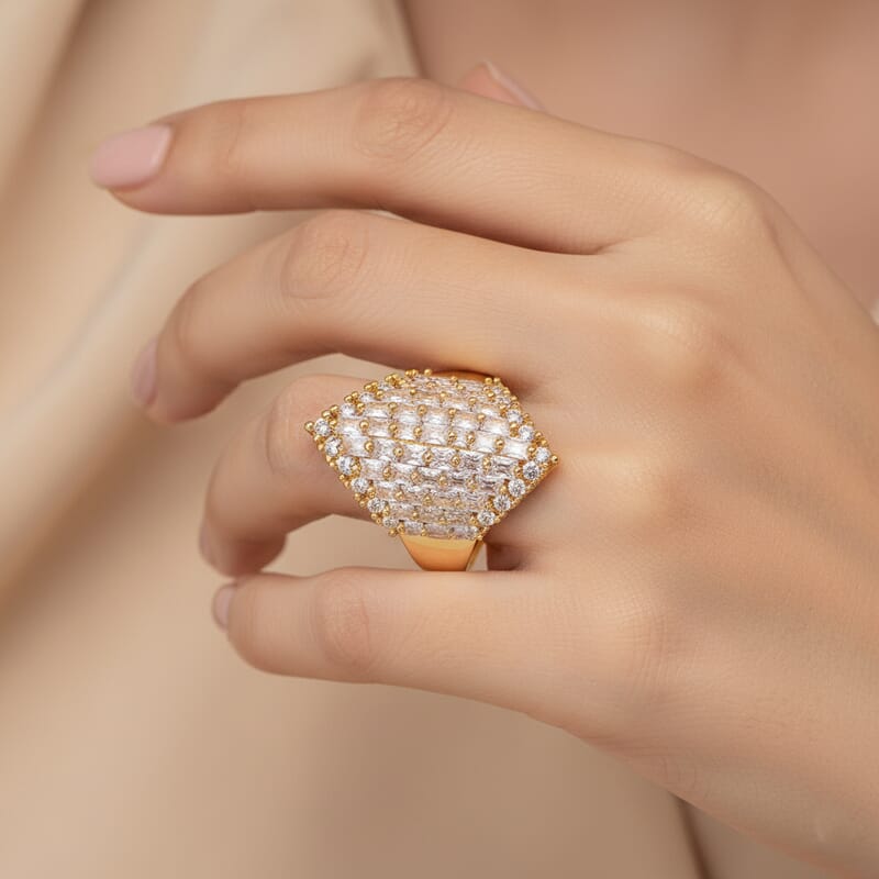 Simulated Diamond Statement Ring in Goldtone (Size 7.0)