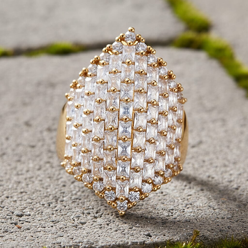 Simulated Diamond Statement Ring in Goldtone (Size 9.0)