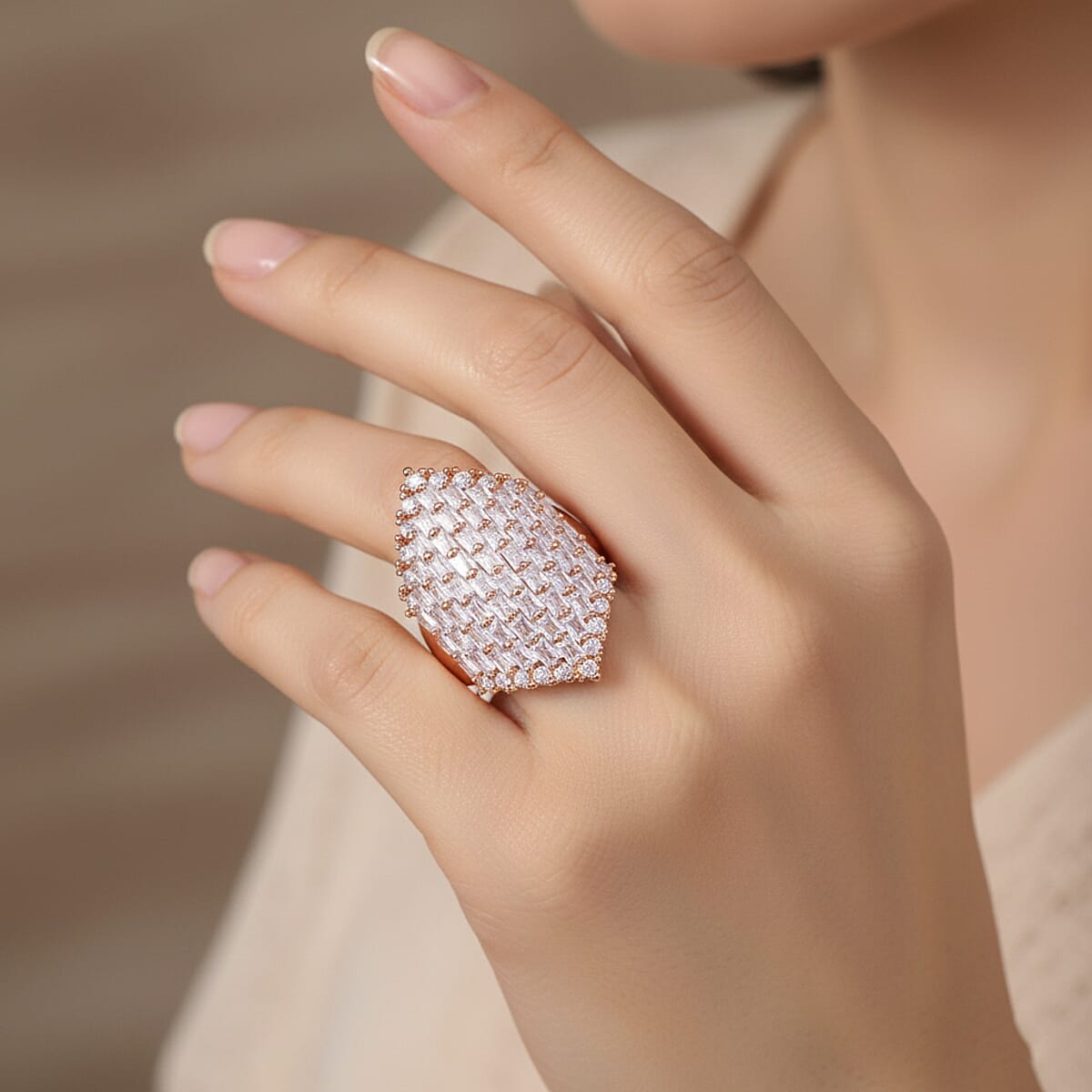 Simulated Diamond Statement Ring in Rosetone (Size 8.0) image number 2