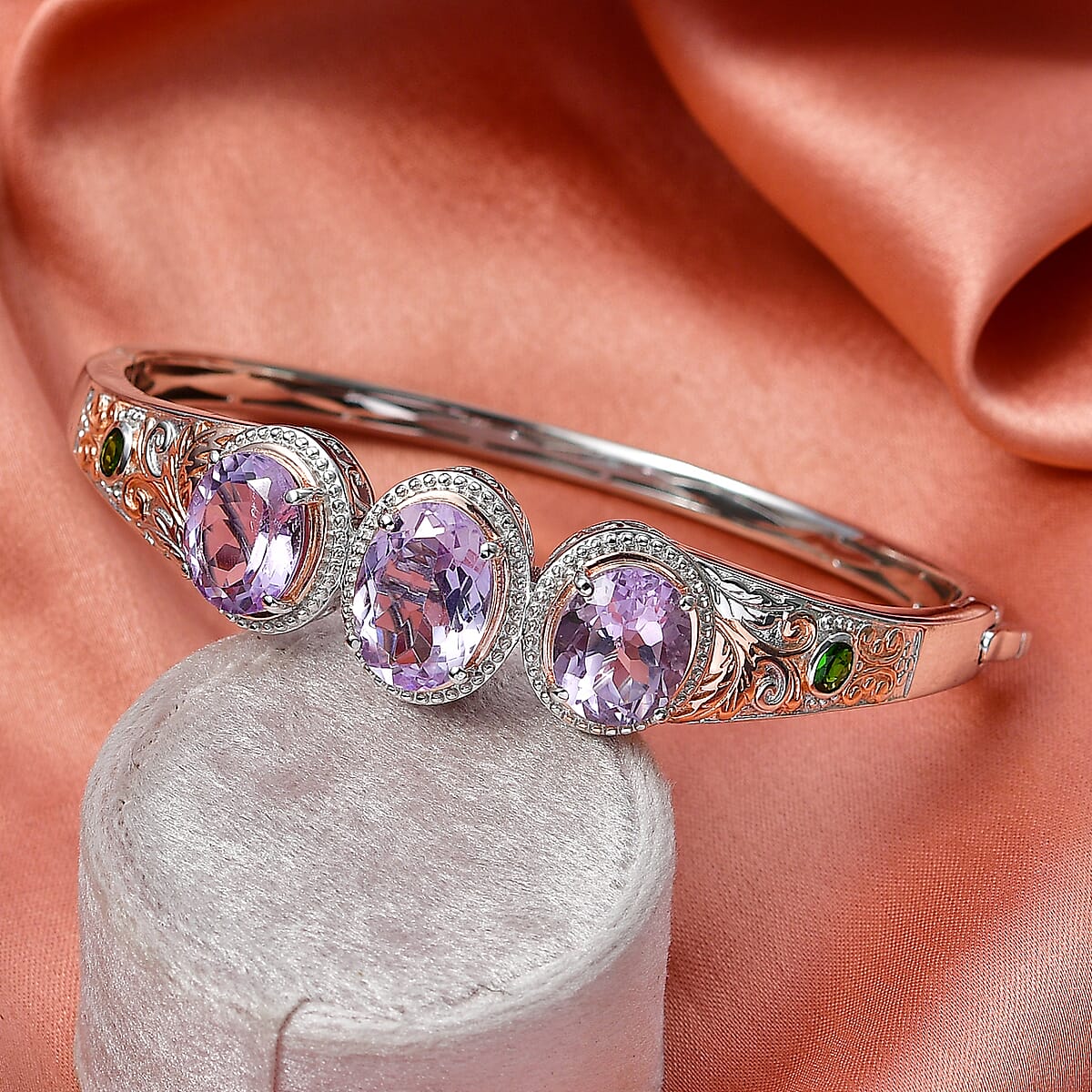 EverTrue Rose De France Amethyst and Chrome Diopside 14 ctw Regal Trinity Bangle Bracelet in 18K RG Plated and Platinum Bond (6.50 In)  image number 1