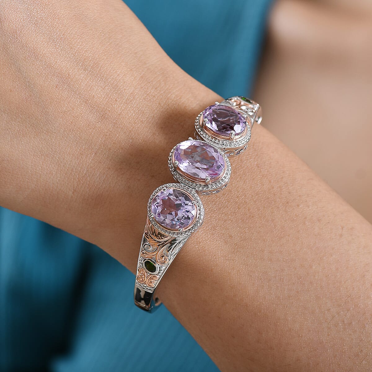 EverTrue Rose De France Amethyst and Chrome Diopside 14 ctw Regal Trinity Bangle Bracelet in 18K RG Plated and Platinum Bond (6.50 In)  image number 2
