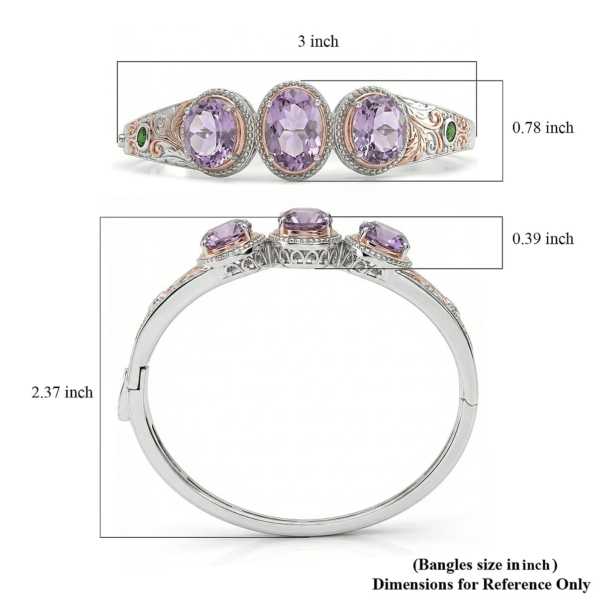EverTrue Rose De France Amethyst and Chrome Diopside 14 ctw Regal Trinity Bangle Bracelet in 18K RG Plated and Platinum Bond (6.50 In)  image number 5