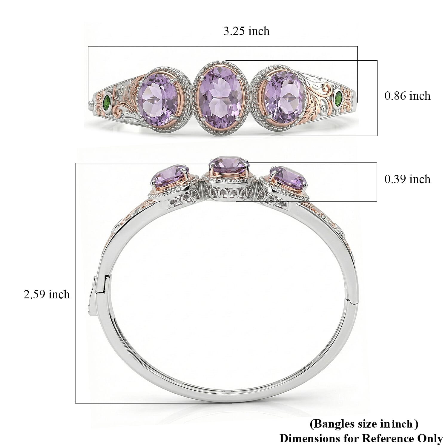 EverTrue Rose De France Amethyst and Chrome Diopside 14 ctw Regal Trinity Bangle Bracelet in 18K RG Plated and Platinum Bond (7.25 In)