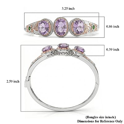 EverTrue Rose De France Amethyst and Chrome Diopside 14 ctw Regal Trinity Bangle Bracelet in 18K RG Plated and Platinum Bond (7.25 In)