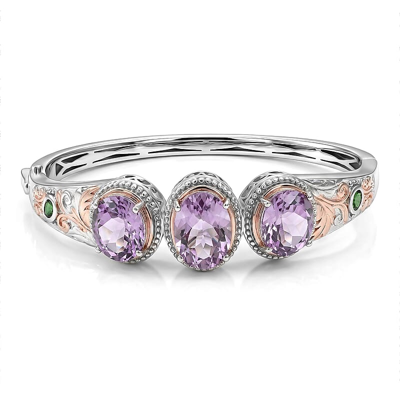 EverTrue Rose De France Amethyst and Chrome Diopside 14 ctw Regal Trinity Bangle Bracelet in 18K RG Plated and Platinum Bond (8.00 In)