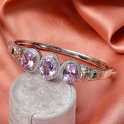 EverTrue Rose De France Amethyst and Chrome Diopside 14 ctw Regal Trinity Bangle Bracelet in 18K RG Plated and Platinum Bond (8.00 In)