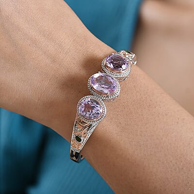 EverTrue Rose De France Amethyst and Chrome Diopside 14 ctw Regal Trinity Bangle Bracelet in 18K RG Plated and Platinum Bond (8.00 In)