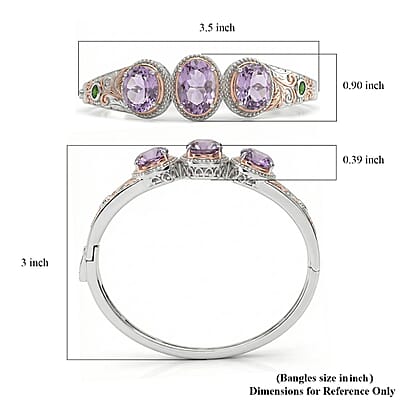 EverTrue Rose De France Amethyst and Chrome Diopside 14 ctw Regal Trinity Bangle Bracelet in 18K RG Plated and Platinum Bond (8.00 In)