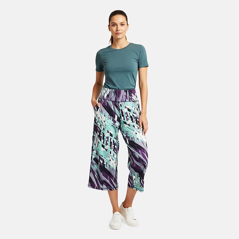 CLOSEOUT JONES NEW YORK Purple Palm Brushed Microfiber Stretch Wide Leg Crop Pant with Pockets - S
