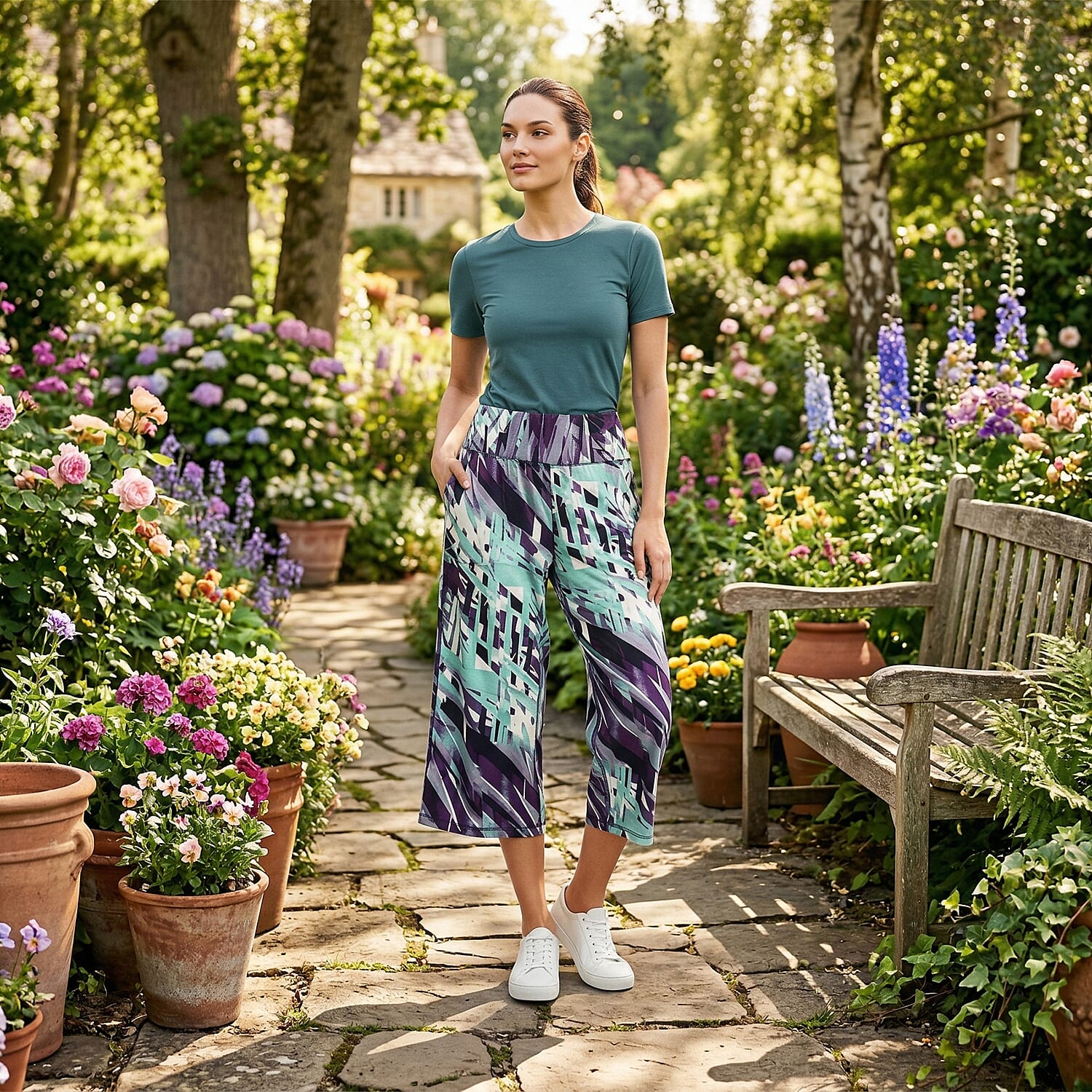 CLOSEOUT JONES NEW YORK Purple Palm Brushed Microfiber Stretch Wide Leg Crop Pant with Pockets - M
