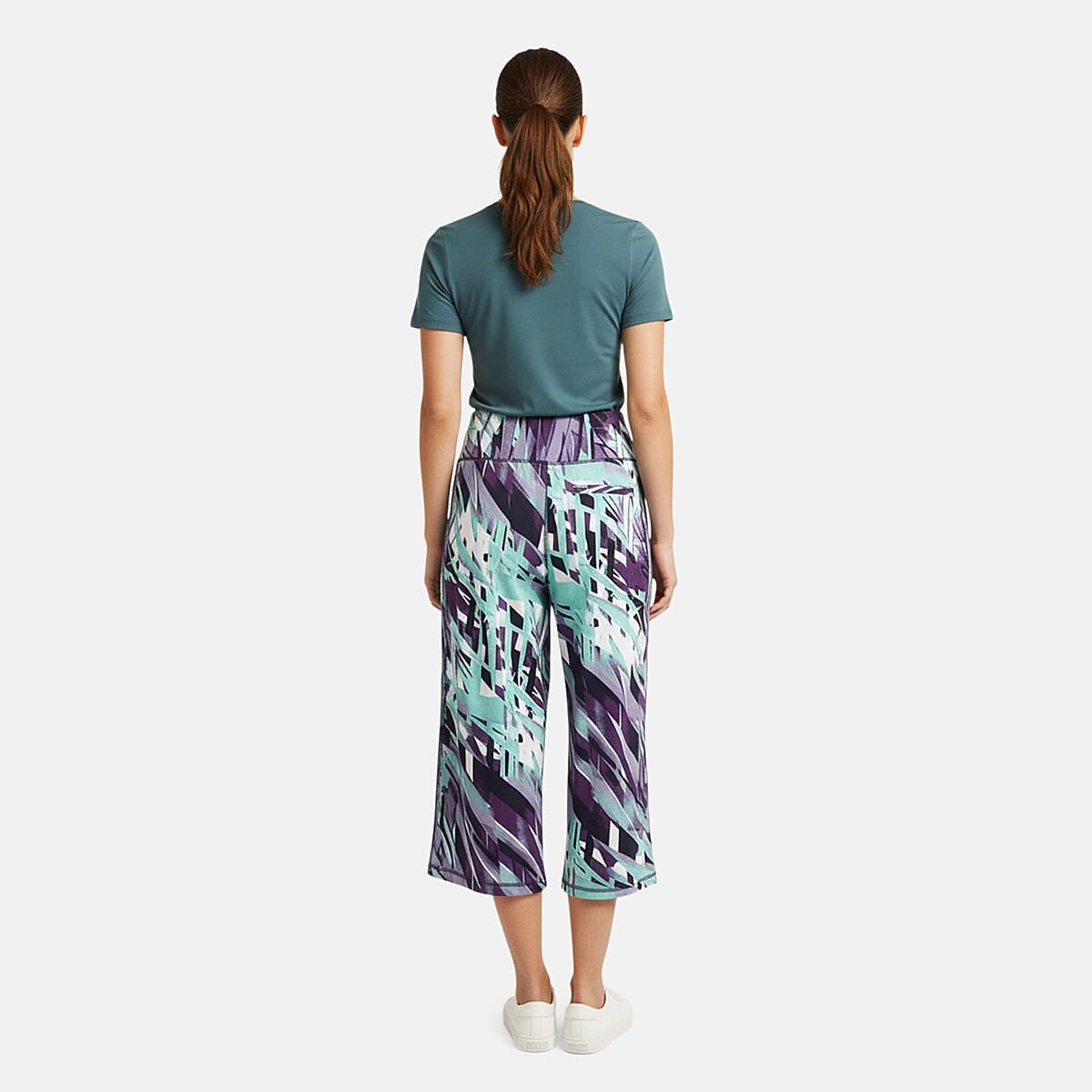 CLOSEOUT JONES NEW YORK Purple Palm Brushed Microfiber Stretch Wide Leg Crop Pant with Pockets - L image number 1