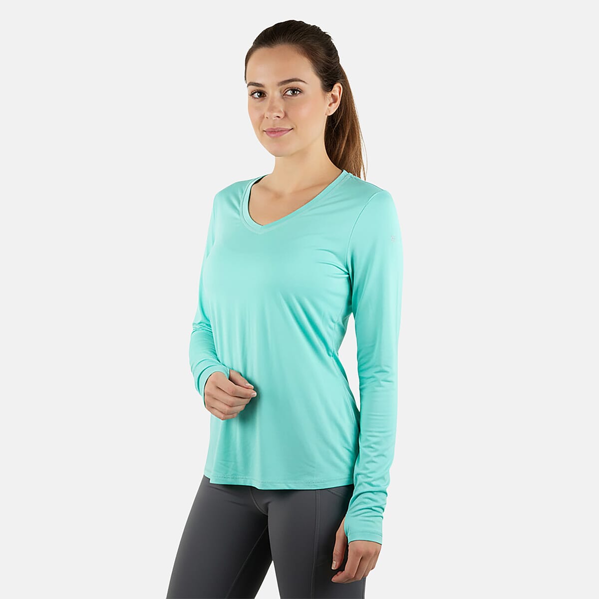 CLOSEOUT JONES NEW YORK Aquamarine Fitted Power Mesh Wicking Pullover Long Sleeve - L image number 0