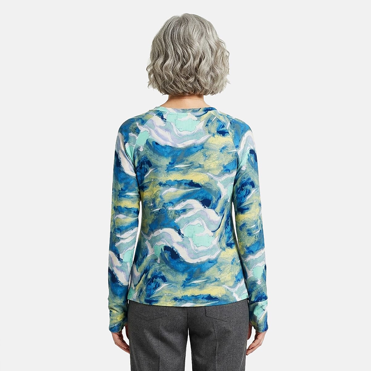 CLOSEOUT JONES NEW YORK Aqua Swirl Brushed Microfiber Long Sleeve with Kangaroo Pocket - S image number 2