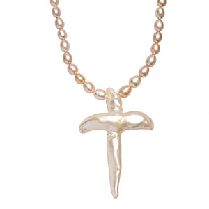 D'Joy Freshwater Pearl Necklace with Angel Charm in Rhodium Over Sterling Silver 18 Inches