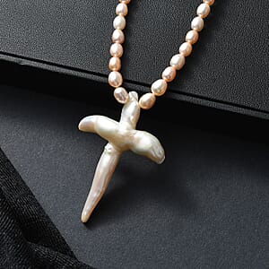 D'Joy Freshwater Pearl Necklace with Angel Charm in Rhodium Over Sterling Silver 18 Inches