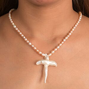 D'Joy Freshwater Pearl Necklace with Angel Charm in Rhodium Over Sterling Silver 18 Inches