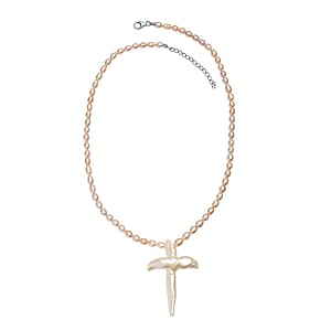 D'Joy Freshwater Pearl Necklace with Angel Charm in Rhodium Over Sterling Silver 18 Inches