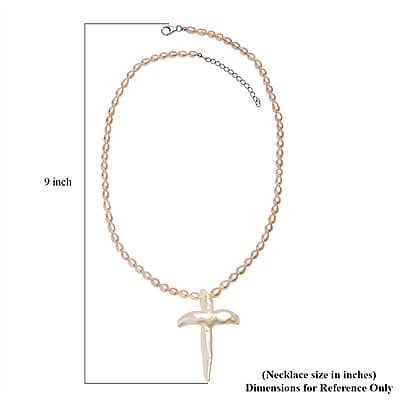D'Joy Freshwater Pearl Necklace with Angel Charm in Rhodium Over Sterling Silver 18 Inches