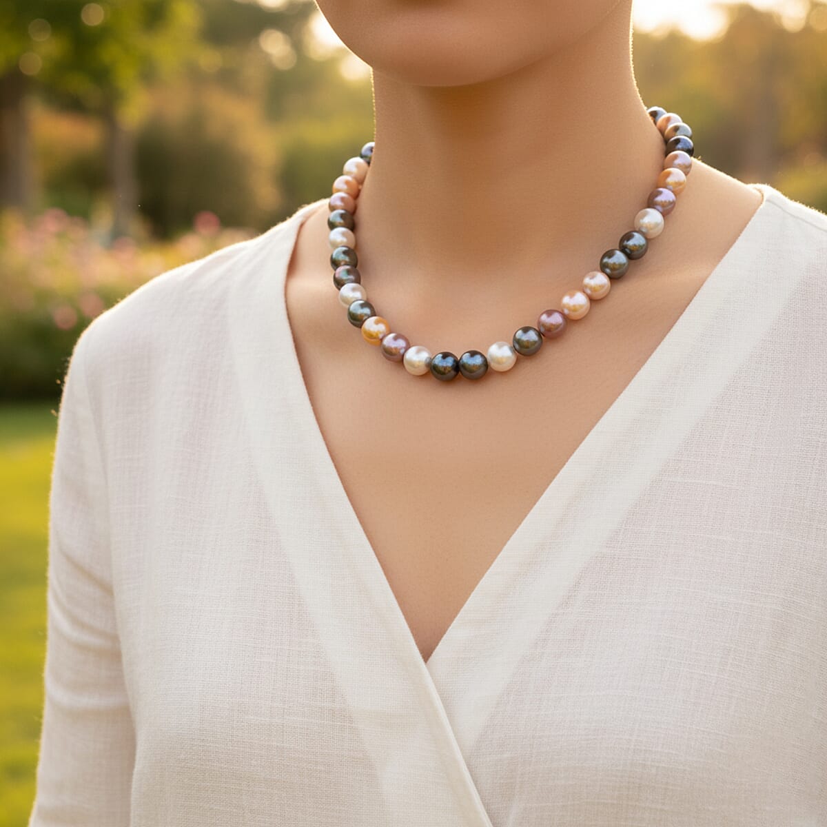 Multi Color Shell Pearl Necklace in Silvertone 20-22 Inches image number 2